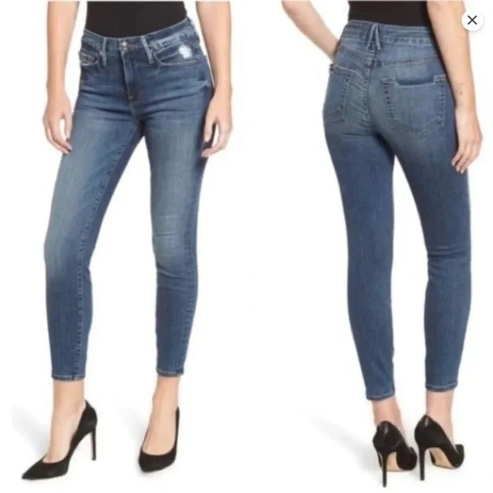 Good American Good Legs Ripped Crop Skinny Jeans 14 32 High Rise Destroy Blue187